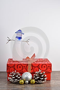 Christmas scene including wrapped present, snowman, pine cones,
