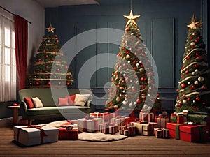 Christmas scene with a large tree decorated with colorful objects