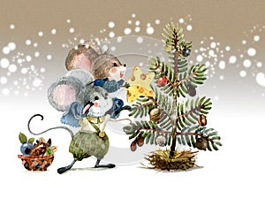 Christmas scene, mice decorate the holiday tree with seeds and fruits of plants. Watercolor illustration, handmade.