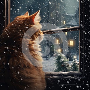 Christmas scene from the perspective of a house cat who is watching the snow fall outside the window