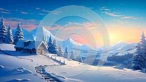 Christmas scene of picturesque landscape with small wooden log cabin on a snow meadow on sunrise time. Snowy hills