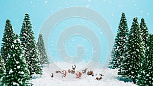 Christmas scene with Santa Claus, pine tree forest, snow and small deer on pastel blue snowy background.