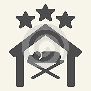 Christmas scene solid icon. Birth of Christ holy night glyph style pictogram on white background. Baby Jesus lies in