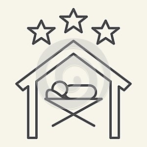 Christmas scene thin line icon. Birth of Christ holy night outline style pictogram on white background. Baby Jesus lies