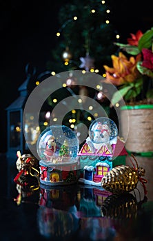 Christmas scene with tree, lights and snow globe. Selective focus on black background