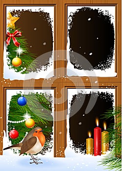 Christmas scenes seen through a wooden window