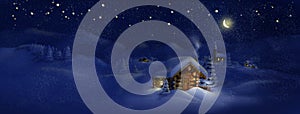 Christmas scenic panorama landscape - huts, church, snow, pine trees, Moon and stars