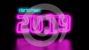 Christmas 2019 Sci-Fi blue cyan and Purple pink Neon Lights lettering word On Black Background wall and Reflective floor