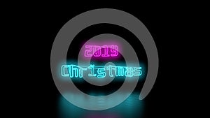 Christmas 2019 Sci-Fi blue cyan and Purple pink Neon Lights lettering word On Black Background wall and Reflective floor