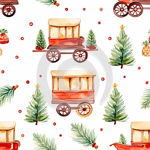 Christmas seamless background. Christmas carriages, Christmas tree toys and Christmas trees, in watercolor style seamless pattern