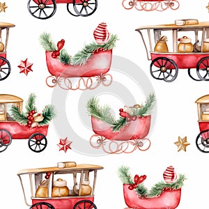 Christmas seamless background. Christmas carriages with gifts, decorated with holly branches, in watercolor style seamless pattern
