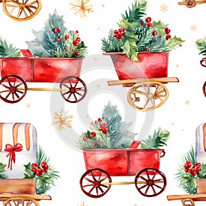 Christmas seamless background. Christmas carts decorated with holly branches in watercolor style seamless pattern