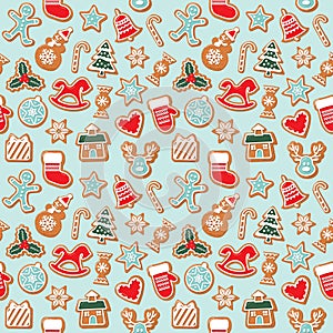 Christmas seamless background. Colorful Gingerbread cookies. Traditional pattern for wrapping paper, banners, pajamas