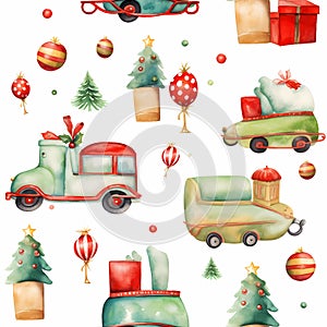 Christmas seamless background. Fancy cars decorated with holly, Christmas tree decorations and Christmas trees, watercolor