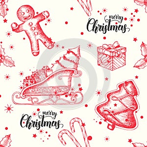 Christmas seamless background with hand drawn gingerbread, candy, santa`s sleigh, gifts and holly. New Year. Vintage pattern can