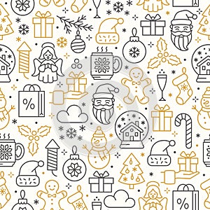 Christmas seamless background. Line icon banner with angel, Santa, gingerbread man, snowball, snowman, christmas tree and gift box