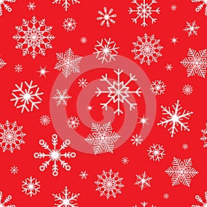 Christmas seamless background with snowflakes. Snowflake vector pattern on red background. Winter design