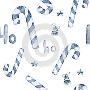 Christmas seamless blue pattern with candy canes, christmas socks and snowflakes. Background for wrapping paper, fabric