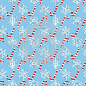 Christmas seamless blue pattern with candy canes and snowflakes. wrapping paper, fabric print, greeting cards design