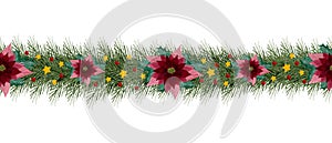 Christmas seamless border with fir tree garland and poinsettia flowers, watercolor Christmas border decoration for fabric