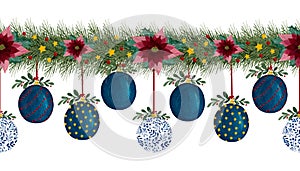 Christmas seamless border with fir tree garland, tree ornaments and poinsettia flowers, watercolor Christmas border decoration