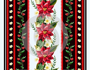 Christmas seamless border with flowers poinsettia, holly berry and firs. Vector.