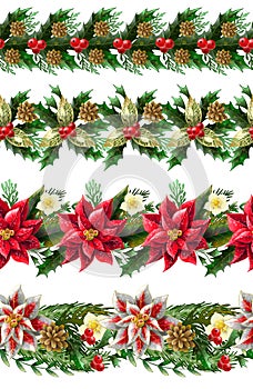 Christmas seamless border with flowers poinsettia, holly berry and firs. Vector.