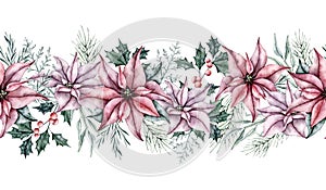 Christmas seamless border of red poinsettia flower, emerald spruce branch, silver plant Dusty Miller, Ilex, pine twig