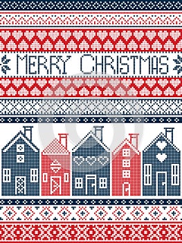 Christmas seamless card with winter pattern including Swedish houses, decorative ornaments, snow, snowflakes in cross stitch