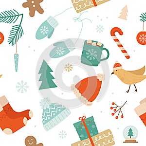 Christmas seamless cute pattern with xmas winter decoration