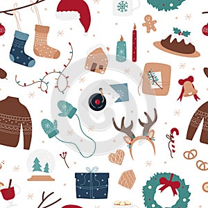 Christmas seamless cute pattern with xmas winter decoration