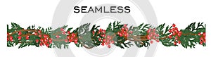 Christmas seamless decor. Vector illustration. Isolated on a white background. Coniferous branches and decorations