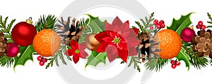 Christmas seamless garland with balls, holly, poinsettia, cones and oranges. Vector illustration.
