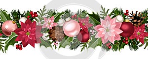 Christmas seamless garland with balls, holly, poinsettia and cones. Vector illustration. photo