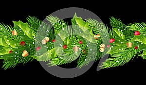 Christmas seamless garland with fir branches, holly, berries, b