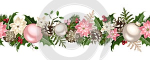 Christmas seamless garland with fir branches, pink and silver balls, holly, poinsettia, cones and mistletoe. Vector illustration.