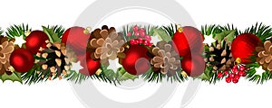 Christmas seamless garland with fir branches, red balls and pinecones. Vector illustration.