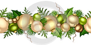 Christmas seamless garland with gold and green balls and fir branches. Vector illustration.