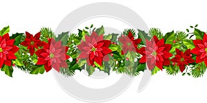 Christmas seamless garland with red poinsettia flowers. Vector illustration.