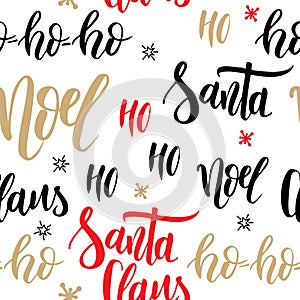 Christmas seamless pattern. Background with hand drawn lettering. Vector design illustration