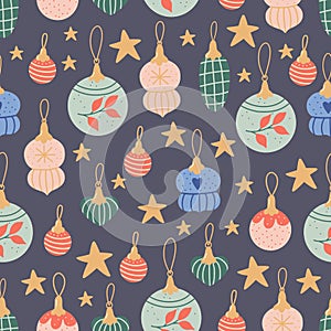 Christmas seamless pattern with beautifull colorful holiday ornaments.