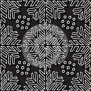 Christmas seamless pattern. Black and white texture with linear snowflakes. Abstract endless background. Vector design for textile