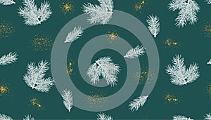 Christmas seamless pattern. Branches of fir tree and gold spangles. Vector illustration