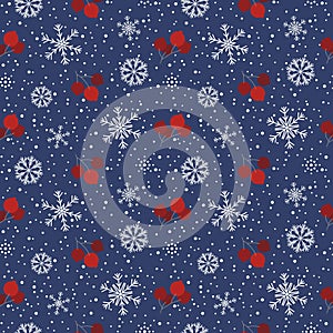 Christmas seamless pattern, branches with red berries snow and snowflakes, blue