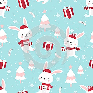 Christmas seamless pattern with bunny background, Winter pattern with white rabbit, wrapping paper, pattern fills
