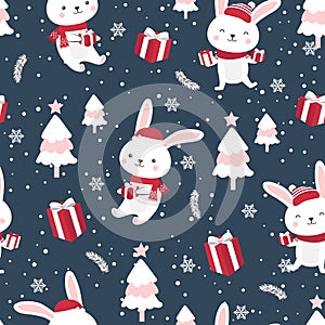 Christmas seamless pattern with bunny background, Winter pattern with white rabbit, wrapping paper, winter greetings, web page