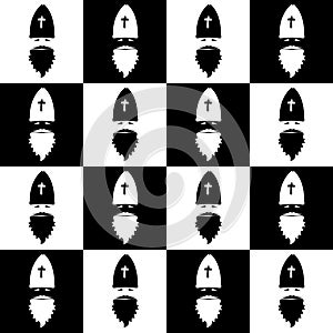 Christmas seamless pattern on chessboard background. New Year wallpaper. Winter black and white wrapping with Saint Nicholas.