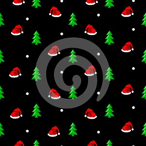 Christmas seamless pattern with christmas hats and trees, snow isolated on the black background. Vector illustration