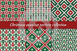 Christmas seamless pattern collection. Holiday backgrounds set. Print kit in traditional colors. Vector digital paper