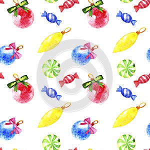 Christmas seamless pattern with colorful balls, sweets, bow isolated on white background.